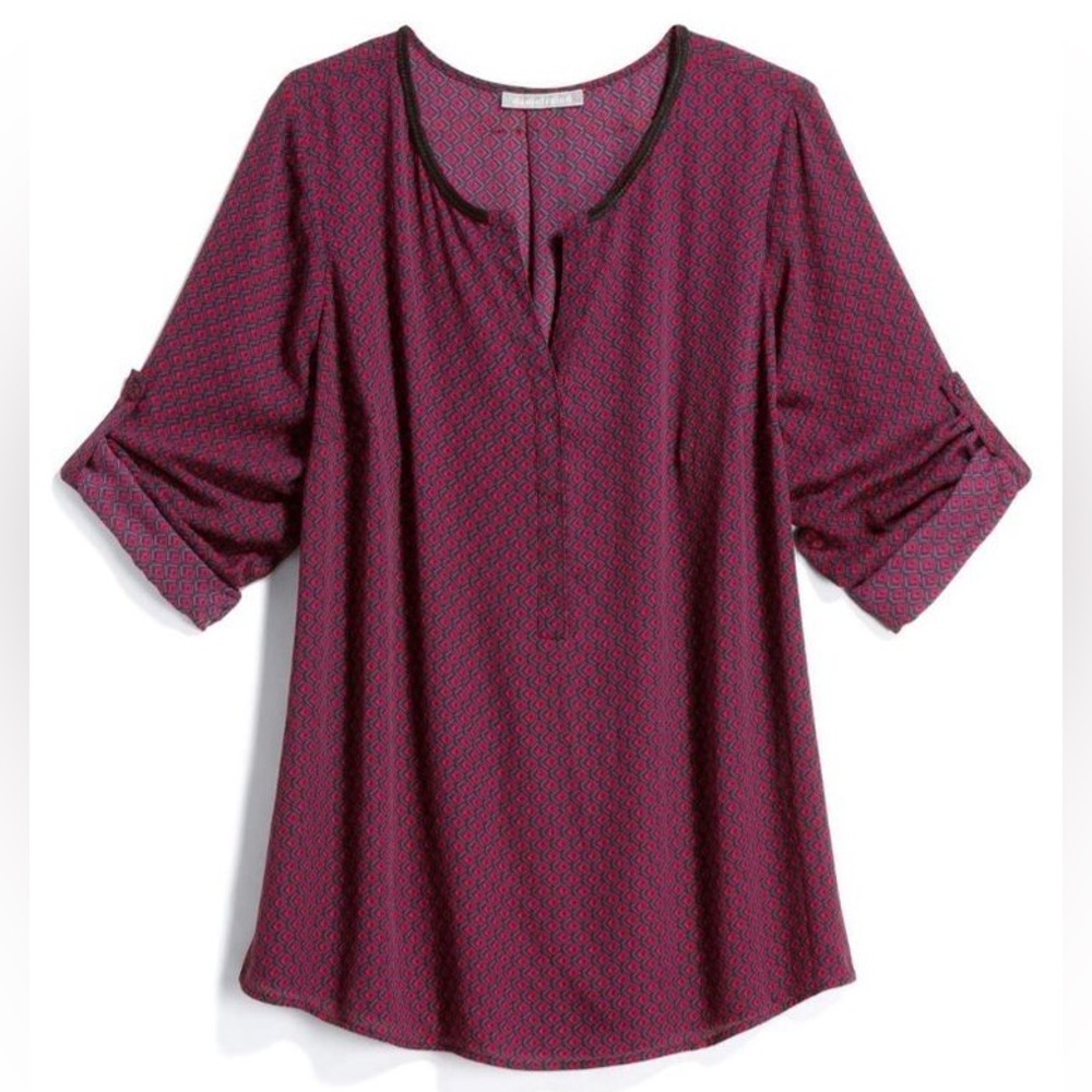 Daniel Rainn Geometric Print Blouse | Size M | Roll Tab Sleeves